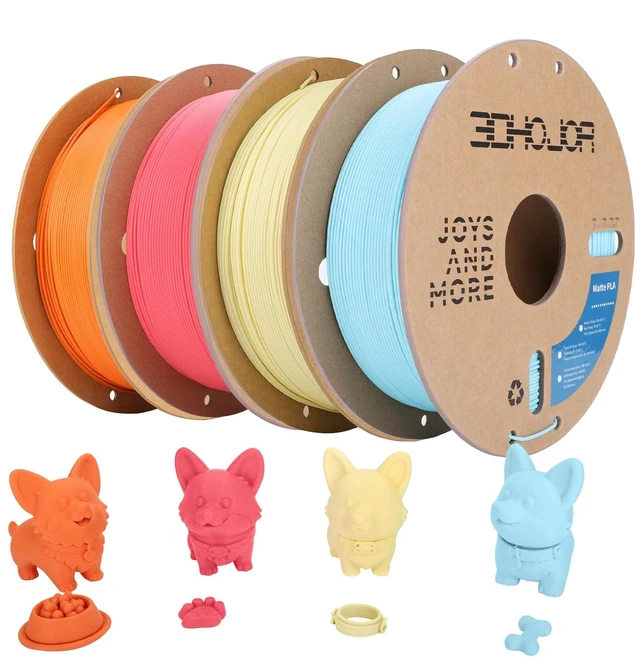 Main image of 3DHoJor Matte PLA 3D Printing Filament 4 Pack, 4KG | Strawberry red+Light Blue+Almond Yellow+Tangerine