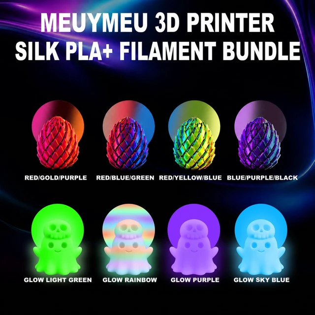 Alt view image 2 of 7 - Meuymeu 8P Multicolor Glow in the Dark PLA+ & Tricolor Silk Filament 1.75mm | 200g Spool Bundle 3D Printer Fillament with Shiny Tricolor and Glow in the Dark Colors, BubbleFree & Smooth Printing