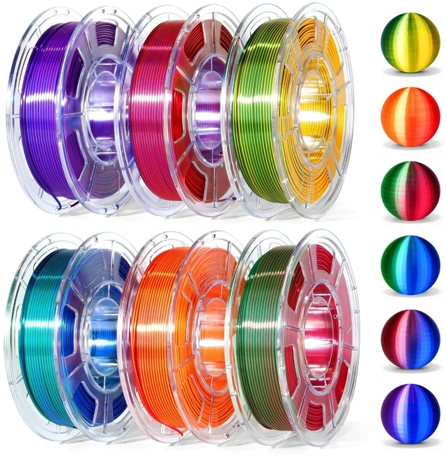 Main image of Dynta 3D Printer Filament Bundle, Silk PLA 6x250g Shiny Dual Color 1.75mm | Multicolor Vibrant Silk PLA for FDM 3D Printer, Red-Gold/Blue/Green, Blue-Green/Purple, Yellow for Arts & Crafts