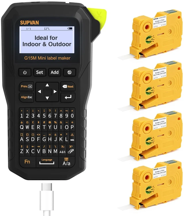 Main image of SUPVAN G15M Mini Portable Label Maker Machine with 4 Continuous Tapes | Heat Shrink Tube & Multiple Label Types, Rechargeable, Minimal Margin, LCD Backlit, Thermal Transfer, Home, Garage, Outdoor