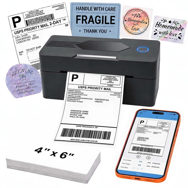 Main image of PKMHLXS Bluetooth Thermal Shipping Label Printer, 4x6, Black | Wireless Thermal Label Printer for Small Business, Compatible with Android, iPhone, Windows & Mac