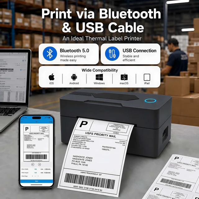 Alt view image 3 of 6 - PKMHLXS Bluetooth Thermal Shipping Label Printer, 4x6, Black | Wireless Thermal Label Printer for Small Business, Compatible with Android, iPhone, Windows & Mac