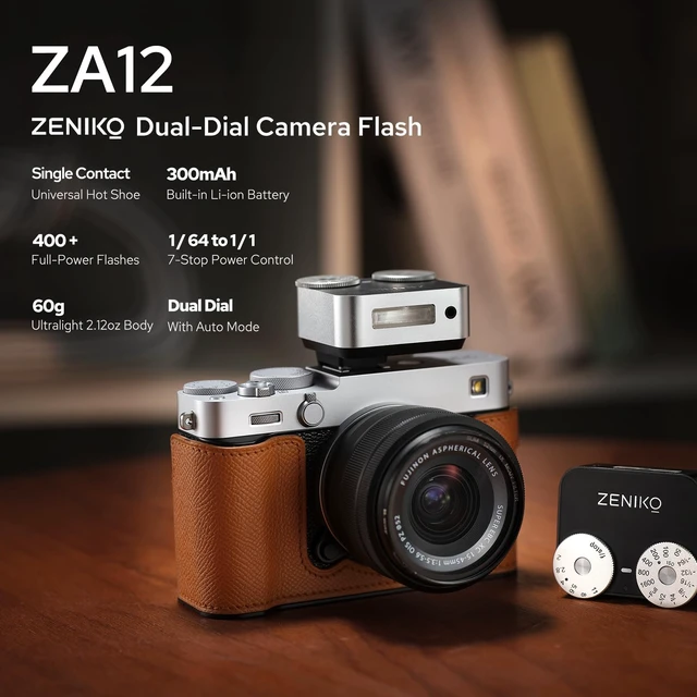 Alt view image 2 of 7 - ZENIKO ZA-12 Silver Mini Retro Flash Dual Dial Manual Speedlite for Cameras | 2.5s fast recycle,7 power levels,400 flashes,5600K CRI95+,single hot shoe for travel portrait street photography