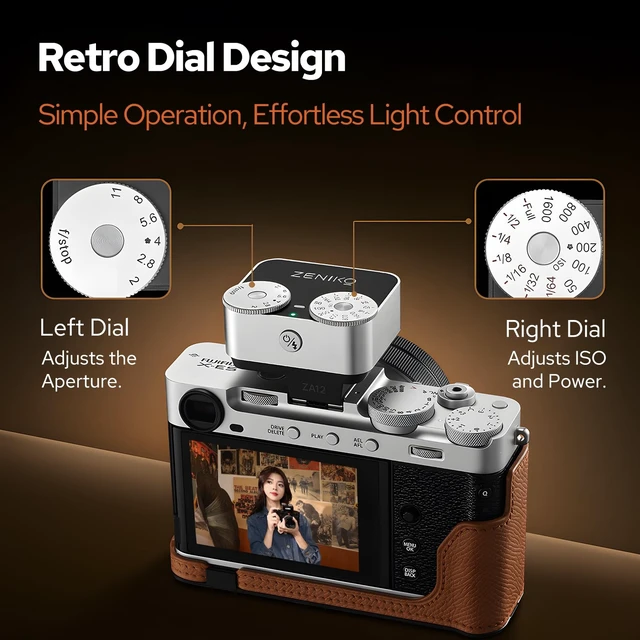 Alt view image 3 of 7 - ZENIKO ZA-12 Silver Mini Retro Flash Dual Dial Manual Speedlite for Cameras | 2.5s fast recycle,7 power levels,400 flashes,5600K CRI95+,single hot shoe for travel portrait street photography