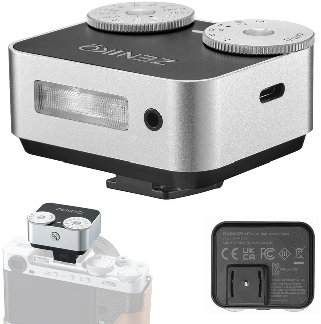 Main image of ZENIKO ZA-12 Silver Mini Retro Flash Dual Dial Manual Speedlite for Cameras | 2.5s fast recycle,7 power levels,400 flashes,5600K CRI95+,single hot shoe for travel portrait street photography