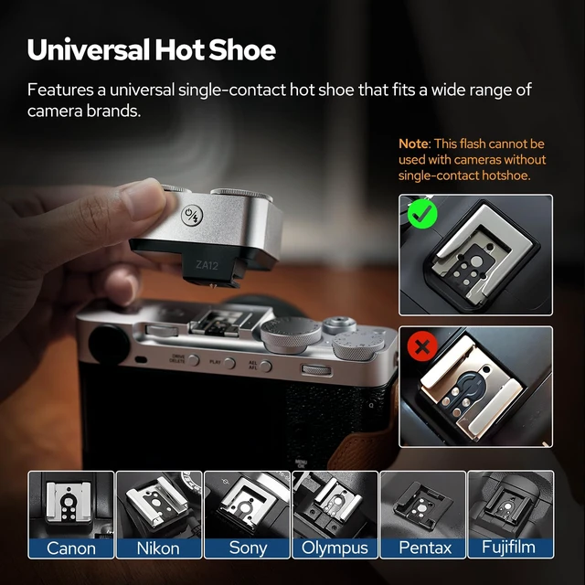 Alt view image 7 of 7 - ZENIKO ZA-12 Silver Mini Retro Flash Dual Dial Manual Speedlite for Cameras | 2.5s fast recycle,7 power levels,400 flashes,5600K CRI95+,single hot shoe for travel portrait street photography
