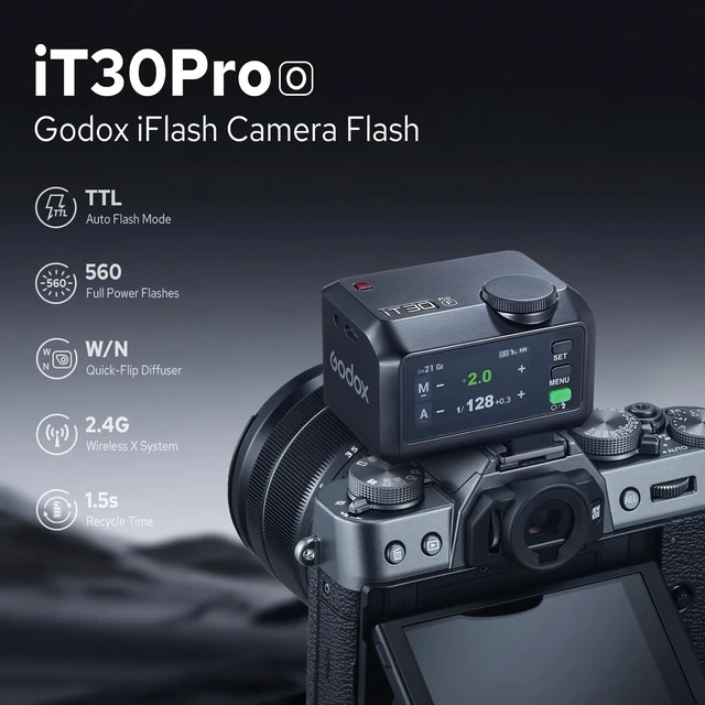 Alt view image 2 of 7 - Godox iT30Pro O iT30Pro-O Mini Flash for Olympus Panasonic, 2.4G TTL Flash | 1/8000s HSS Speedlite, 2.8" Full-Color Touchscreen, 560 Full Power Flashes, Built-in Diffuser and Lithium Battery(Black)