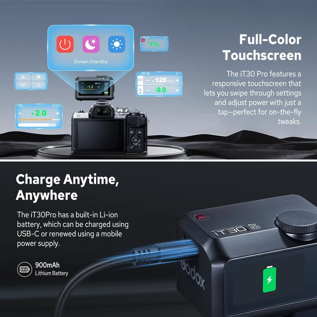 Alt view image 6 of 7 - Godox iT30Pro O iT30Pro-O Mini Flash for Olympus Panasonic, 2.4G TTL Flash | 1/8000s HSS Speedlite, 2.8" Full-Color Touchscreen, 560 Full Power Flashes, Built-in Diffuser and Lithium Battery(Black)