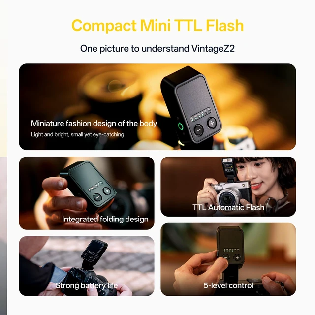 Alt view image 2 of 7 - VILTROX Vintage Z2 Foldable TTL Mini Camera Flash for Sony Camera | 52g On Camera Pocket Speedlight with 2s Recycle, 700 Full Power Flashes, 5 Power Level, Type-C Fast Charging