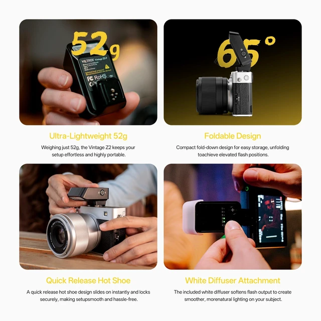 Alt view image 6 of 7 - VILTROX Vintage Z2 Foldable TTL Mini Camera Flash for Sony Camera | 52g On Camera Pocket Speedlight with 2s Recycle, 700 Full Power Flashes, 5 Power Level, Type-C Fast Charging