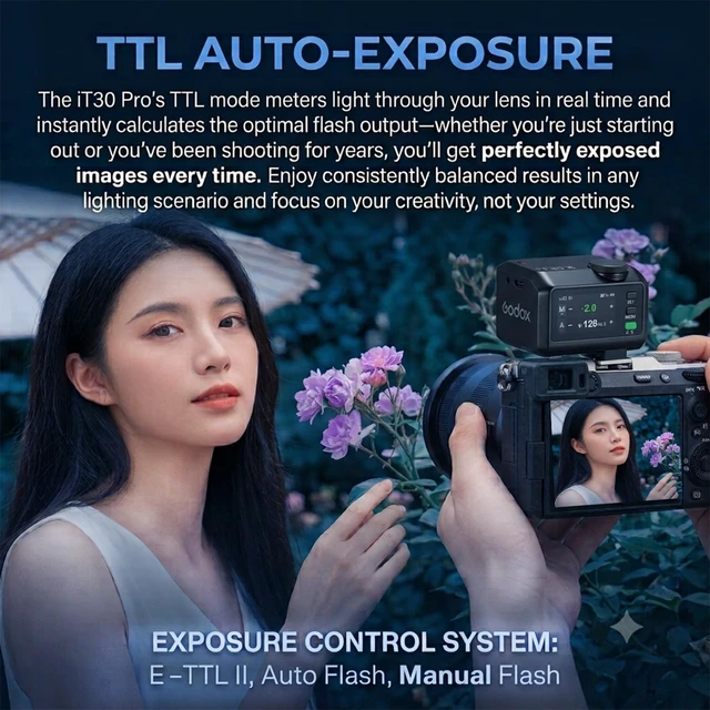 Alt view image 2 of 7 - Godox iT30Pro-C iT30ProC Mini Camera TTL Flash for Canon, Black | TTL Auto-Exposure, Built-in 2.4 GHz Wireless X System, 120g weight, Quick-Release Hot-Shoe Mount, Touchscreen