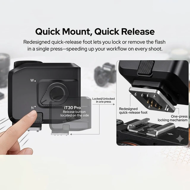Alt view image 7 of 7 - Godox iT30Pro-C iT30ProC Mini Camera TTL Flash for Canon, Black | TTL Auto-Exposure, Built-in 2.4 GHz Wireless X System, 120g weight, Quick-Release Hot-Shoe Mount, Touchscreen