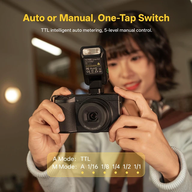 Alt view image 4 of 7 - VILTROX Vintage Z2 TTL Retro Foldable Mini Camera Flash for Fuji Camera | 52g Mini Flash for Portrait, 60mm Raised Head Camera Flash Light, TTL & Manual Modes, USB-C 700 Full-Power Flashes, Softbox