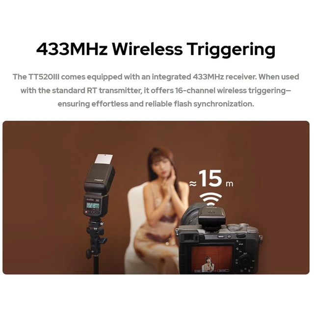 Alt view image 2 of 7 - Godox TT520III Camera Flash for Sony Canon Nikon Panasonic Olympus Pentax | NO TTL, GN33, 1.8s Recycle Time, 400 Full Power Flash, Built-in Receiver and RT Transmitter (Godox TT520II Upgrade)