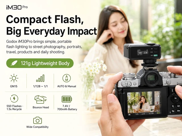 Alt view image 2 of 7 - Godox Flash Godox iM30 Pro iM30Pro Camera FlashAUTO/Manual, for zv1 zve10 | GN15 550 Full-Power Flashes/1.5s Recycle Time/HD Color Screen,for Canon/Nikon/Sony/Fuji/Olympus/Ricoh/Leica and Film Camera