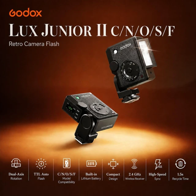 Alt view image 2 of 7 - Godox Lux Junior II C TTL Retro Flash for Canon R5 R6 II R7, GN18 HSS, 2.4G | Dual-Axis Design | TTL Auto Flash | HSS up to 1/8000s | 1.5s Recycle | 400 Full-Power Flashes | 2.4GHz Receiver