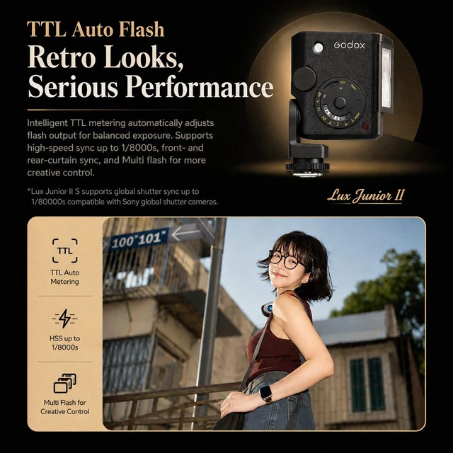 Alt view image 5 of 7 - Godox Lux Junior II C TTL Retro Flash for Canon R5 R6 II R7, GN18 HSS, 2.4G | Dual-Axis Design | TTL Auto Flash | HSS up to 1/8000s | 1.5s Recycle | 400 Full-Power Flashes | 2.4GHz Receiver
