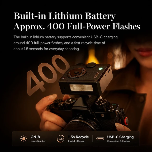 Alt view image 7 of 7 - Godox Lux Junior II C TTL Retro Flash for Canon R5 R6 II R7, GN18 HSS, 2.4G | Dual-Axis Design | TTL Auto Flash | HSS up to 1/8000s | 1.5s Recycle | 400 Full-Power Flashes | 2.4GHz Receiver