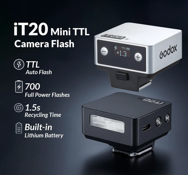 Alt view image 2 of 7 - Godox IT20 O IT20O Flash for Olympus, GODOX Mini Camera Flash | TTL/Manual Modes,7.4V 300mAh Battery,1.5s Recycle,with ± Increment,Hot Shoe Triggering,Includes Spreader/Color Filter (Black