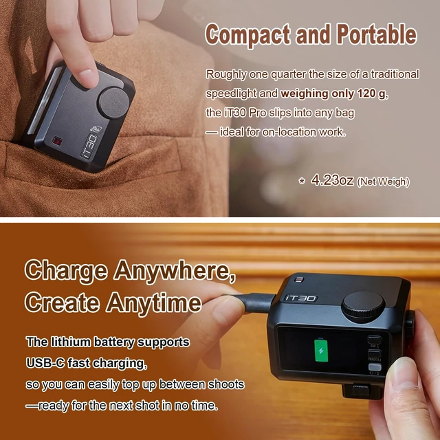 Alt view image 5 of 7 - Godox iT30 Pro C iT30ProC Mini Flash for Canon Camera, TTL Auto-Exposure | 2.4G Wireless Xsystem, Color Touchscreen,GN15 ISO100,1/8000s HSS,7.4V/900mAh Battery,1.5s Recycle time 560 Flashes(Black)