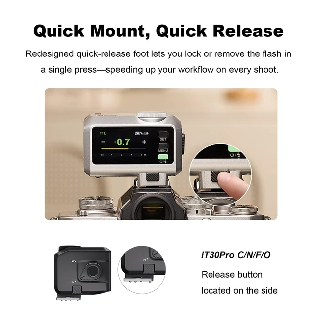 Alt view image 6 of 7 - Godox iT30 Pro C iT30ProC Mini Flash for Canon Camera, TTL Auto-Exposure | 2.4G Wireless Xsystem, Color Touchscreen,GN15 ISO100,1/8000s HSS,7.4V/900mAh Battery,1.5s Recycle time 560 Flashes(Black)