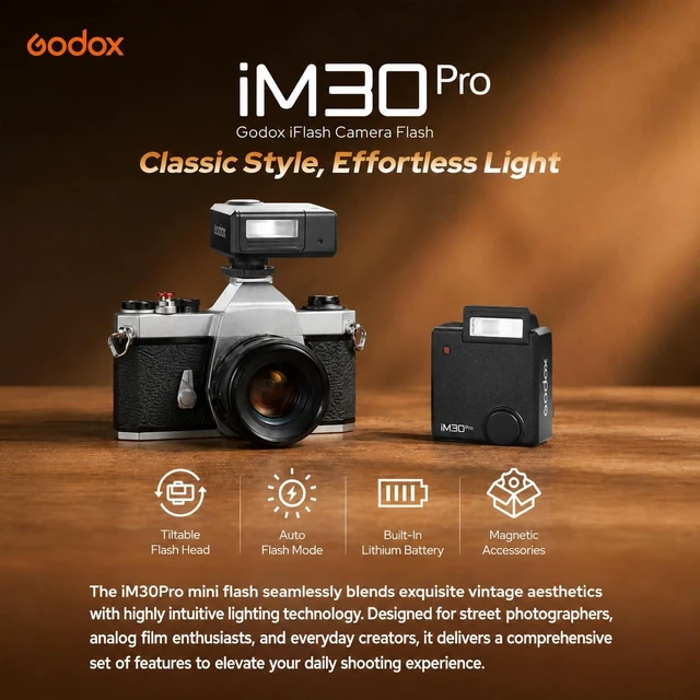 Alt view image 3 of 7 - Godox iM30Pro iM30 Pro Mini Camera Flash for Sony ZV1 ZVE10 Ricoh GR3 | for Canon Fuji Leica Nikon, Built-in Battery Tiltable Head Retro AUTO Camera Speedlite,Single-Contact Hotshoe, GN15 1.5s