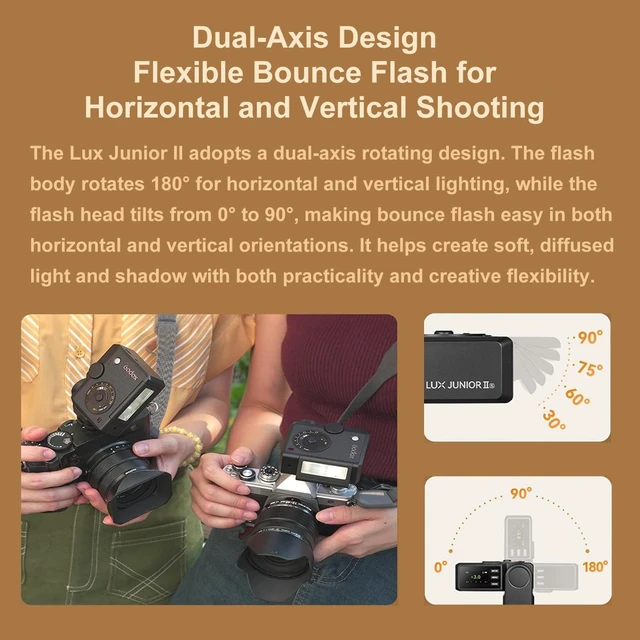 Alt view image 2 of 7 - Godox Lux Junior II S Retro Camera Flash for Sony Camera Flash Speedlite | 2.4G TTL1/8000 HSS,Body Rotates 180°&Head Tilts 0°-90°,400 Full Power Flashes,GN18,1.5s Recycle Time,for Digital Film Camera