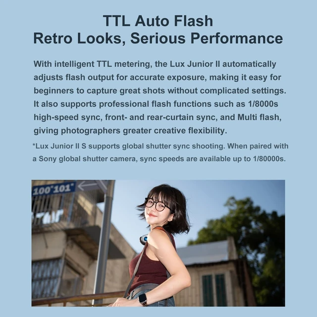 Alt view image 4 of 7 - Godox Lux Junior II S Retro Camera Flash for Sony Camera Flash Speedlite | 2.4G TTL1/8000 HSS,Body Rotates 180°&Head Tilts 0°-90°,400 Full Power Flashes,GN18,1.5s Recycle Time,for Digital Film Camera