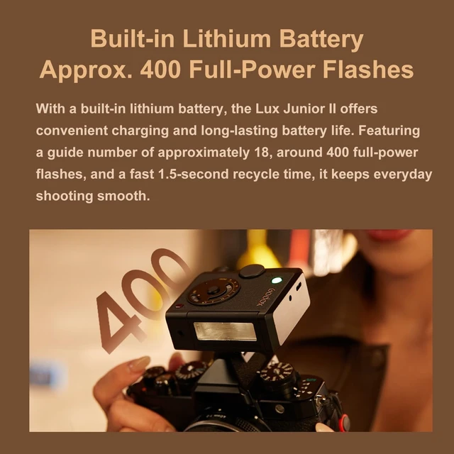 Alt view image 7 of 7 - Godox Lux Junior II S Retro Camera Flash for Sony Camera Flash Speedlite | 2.4G TTL1/8000 HSS,Body Rotates 180°&Head Tilts 0°-90°,400 Full Power Flashes,GN18,1.5s Recycle Time,for Digital Film Camera
