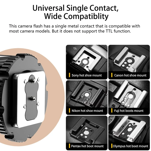 Alt view image 2 of 7 - Camera Flash Speedlite for Canon Nikon Sony Fuji Pentax Olympus, with Continuous LED Light, Single Contact Hot Shoe, 4 Power Levels