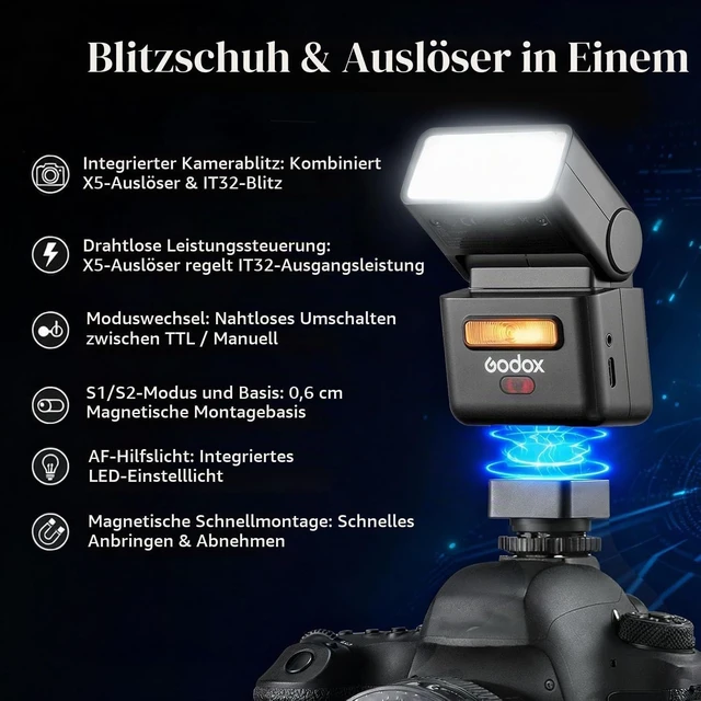Alt view image 2 of 7 - Godox iT32 TTL Camera Flash with X5N Trigger for Nikon Z8, D500, D750, Z6 | 2.4G HSS 1/8000s,Hotshoe & Trigger 2-in-1; Compatible with Nikon D3100, D5, Z7 II, D3300 Z6II Z9 Z7 D5600 D750 D850 Z5 Z50