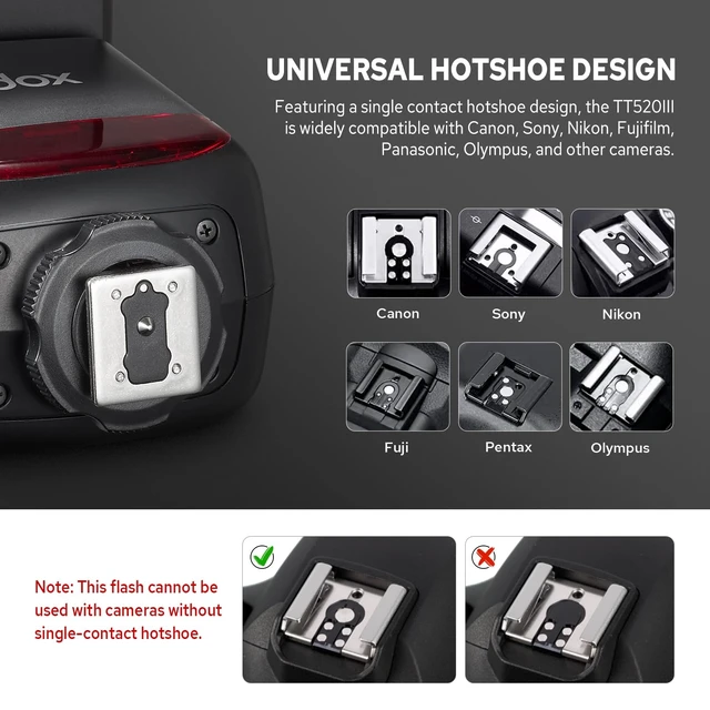 Alt view image 2 of 7 - TT520III Camera Flash for Canon/Sony/Fujifilm/Nikon/Panasonic/Olympus | RT-16 Wireless Trigger Transmitter, GN 33 Flash Speedlight S1/S2 Optical Sync, PC Sync Port GODOX TT520 III Flash Speedlite