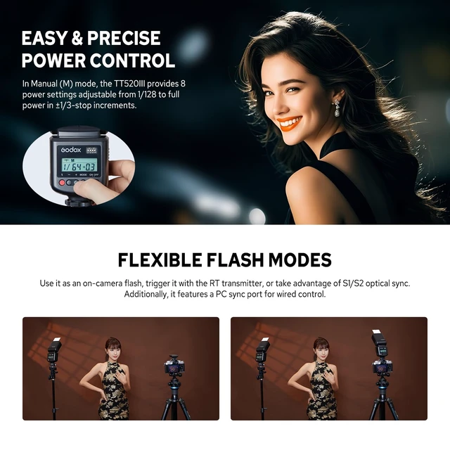 Alt view image 5 of 7 - TT520III Camera Flash for Canon/Sony/Fujifilm/Nikon/Panasonic/Olympus | RT-16 Wireless Trigger Transmitter, GN 33 Flash Speedlight S1/S2 Optical Sync, PC Sync Port GODOX TT520 III Flash Speedlite