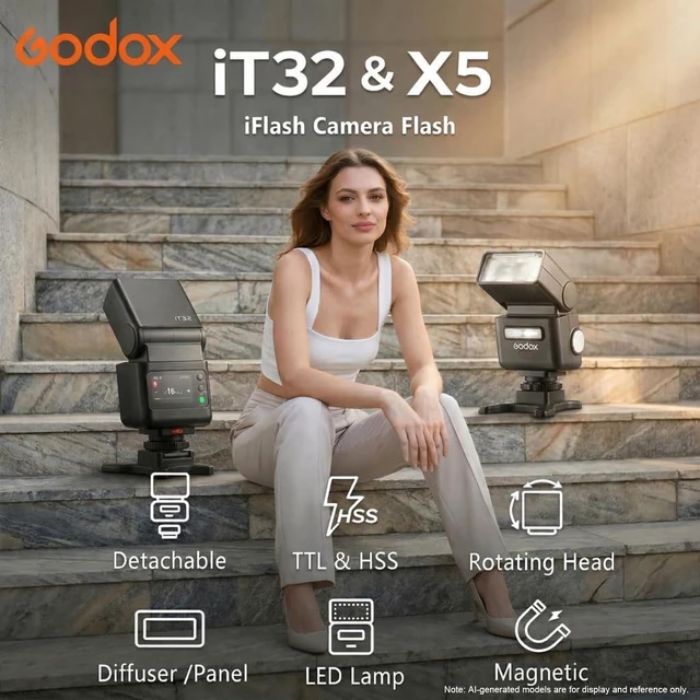 Alt view image 3 of 7 - Godox IT32 TTL Mini Camera Flash for Nikon Cameras | X5N Flash Trigger,Magnetic Hotshoe,2.4G Wireless,GN18, Recycle Time 1.5s, Touch Screen,LED Modeling Light