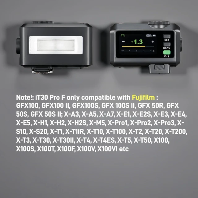 Alt view image 2 of 7 - Godox iT30Pro F TTL Mini Camera Flash for Fujifilm XT4 XT3 XT30 XT20 | XT2 X100F X100T XPro2 XE1 XA3 GFX 50S etc, 2.4G HSS 1/8000s TTL Auto Exposure, 2.8" Touchscreen & Dial(Black)