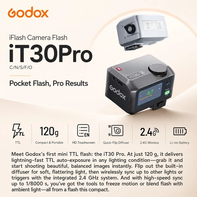 Alt view image 3 of 7 - Godox iT30Pro F TTL Mini Camera Flash for Fujifilm XT4 XT3 XT30 XT20 | XT2 X100F X100T XPro2 XE1 XA3 GFX 50S etc, 2.4G HSS 1/8000s TTL Auto Exposure, 2.8" Touchscreen & Dial(Black)