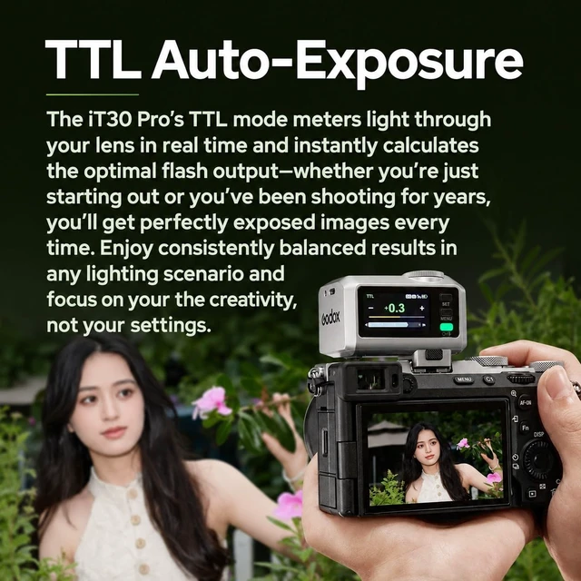 Alt view image 4 of 7 - Godox iT30Pro F TTL Mini Camera Flash for Fujifilm XT4 XT3 XT30 XT20 | XT2 X100F X100T XPro2 XE1 XA3 GFX 50S etc, 2.4G HSS 1/8000s TTL Auto Exposure, 2.8" Touchscreen & Dial(Black)