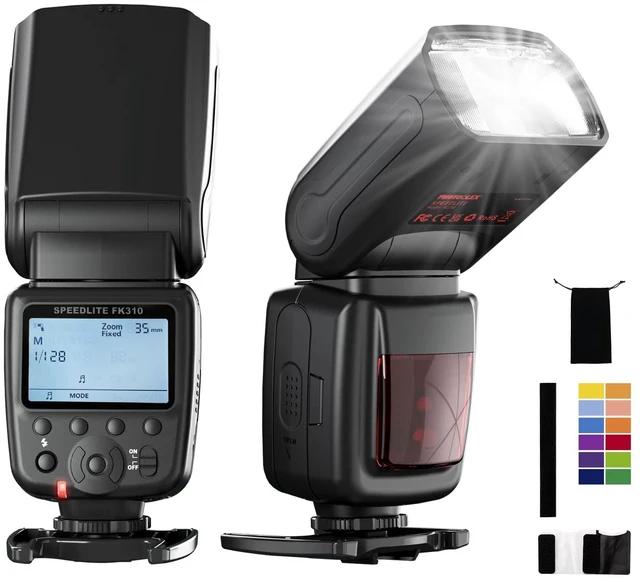 Main image of PHOTOOLEX Camera Flash Speedlite FK310, GN33 LCD Display, Manual S1/S2 | Universal single-contact hot shoe for Canon Nikon Sony Fujifilm Olympus. 8-level power. Metal mount