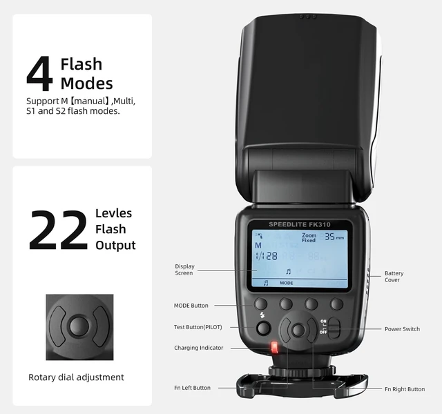 Alt view image 5 of 7 - PHOTOOLEX Camera Flash Speedlite FK310, GN33 LCD Display, Manual S1/S2 | Universal single-contact hot shoe for Canon Nikon Sony Fujifilm Olympus. 8-level power. Metal mount