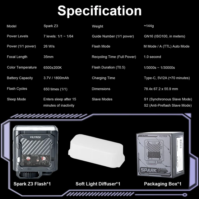 Alt view image 7 of 7 - VILTROX Spark Z3 TTL 26Ws Mini Flash Speedlite GN16 Diffuser for Nikon | 26Ws GN16 Output, 1800mAh Large Battery, 1s Rapid Recycle, On-Camera Flash for Portrait Wedding Events