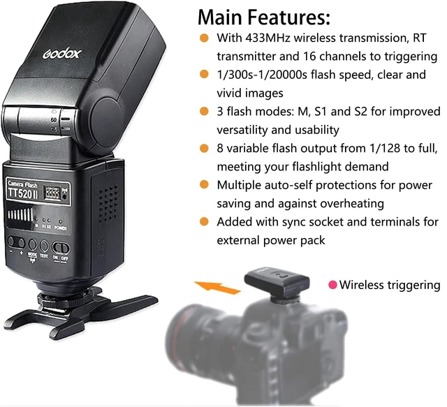 Alt view image 3 of 7 - Godox TT520II Universal Hot Shoe Wireless Transmission Flash Speedlite | Built-in Receiver and RT Transmitter, Compatible for Canon Nikon Sony Olympus and Other DSLR Cameras with Standard Hot Shoe