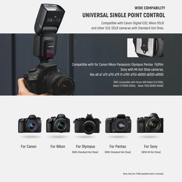 Alt view image 3 of 7 - NEEWER TT560 Camera Flash Speedlite Compatible with Canon Sony Nikon DSLR | Compatible with Sony ZV1 Panasonic Olympus Pentax and Other DSLRs, Not for ZV-1F, Speedlight with Standard Hot Shoe Mount