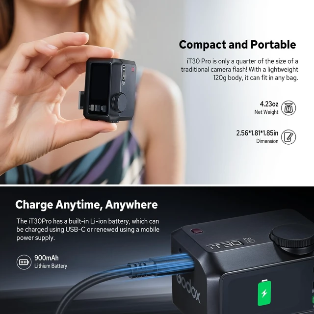 Alt view image 7 of 7 - Godox iT30 Pro F Flash for Fujifilm, iT30Pro F Touchscreen Pocket Speedlite | Built-in Battery, 1.5s Recycle, 560 Full Power Flashes, 2.4G 1/8000 HSS, GODOX iT30ProF iT30Pro-F TTL Mini Flash for Fuji