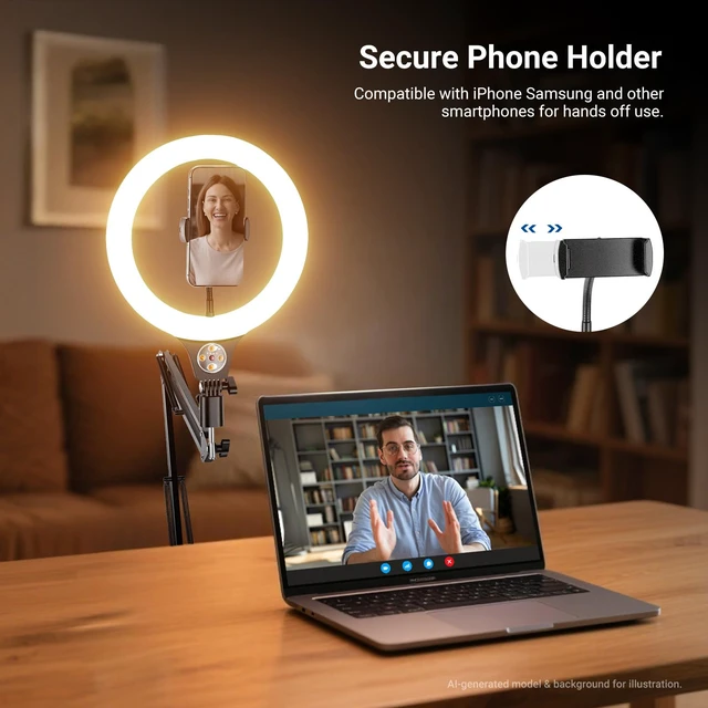 Alt view image 6 of 7 - NEEWER Entry Level Version 10" 10W Ring Light with 46"-63" Stand, N44 | Overhead Phone Mount Holder Compatible with iPhone, Bi Color LED Selfie Lighting CRI85+ for TikTok Video Recording Streaming