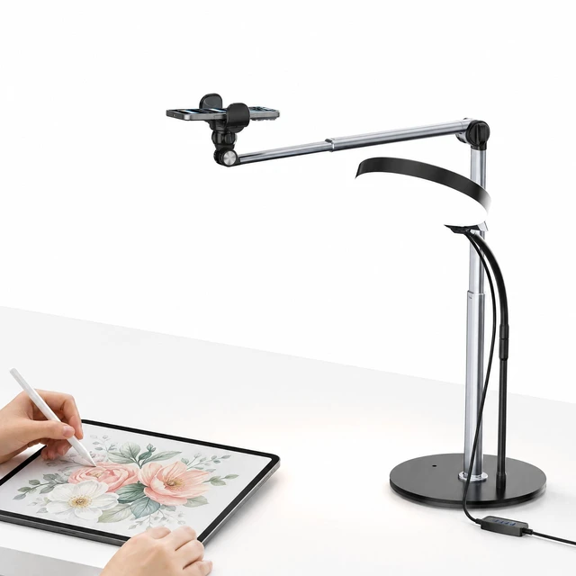 Main image of Terrvirek Overhead Phone Mount, 2-Section Retractable Aluminum Arm | For Recording, Streaming, Cooking & Zoom, USB 6.2" Dimmable Round Light, 10.8"-30" Adjustable Arm, Perfect for Creators