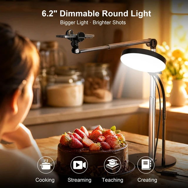Alt view image 2 of 7 - Terrvirek Overhead Phone Mount, 2-Section Retractable Aluminum Arm | For Recording, Streaming, Cooking & Zoom, USB 6.2" Dimmable Round Light, 10.8"-30" Adjustable Arm, Perfect for Creators