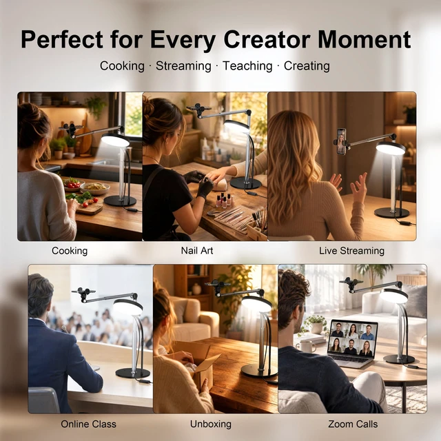 Alt view image 5 of 7 - Terrvirek Overhead Phone Mount, 2-Section Retractable Aluminum Arm | For Recording, Streaming, Cooking & Zoom, USB 6.2" Dimmable Round Light, 10.8"-30" Adjustable Arm, Perfect for Creators