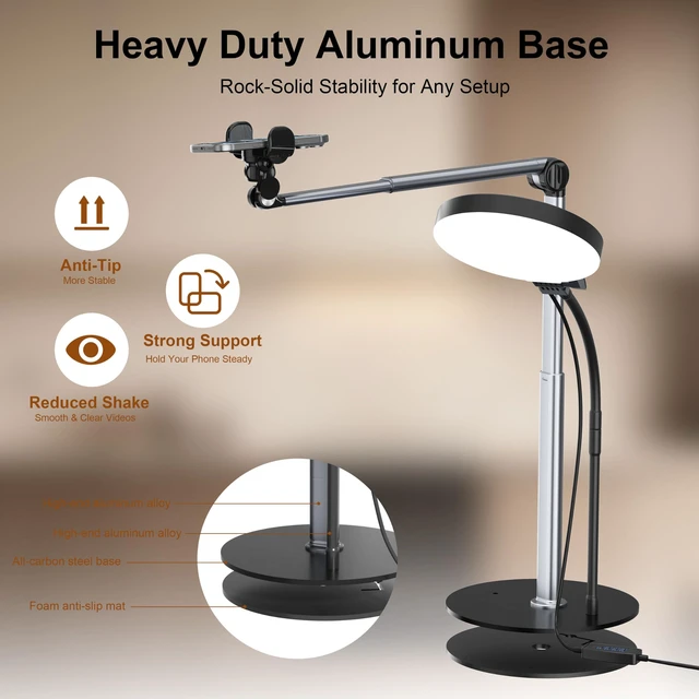 Alt view image 6 of 7 - Terrvirek Overhead Phone Mount, 2-Section Retractable Aluminum Arm | For Recording, Streaming, Cooking & Zoom, USB 6.2" Dimmable Round Light, 10.8"-30" Adjustable Arm, Perfect for Creators