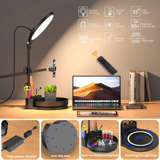 Alt view image 3 of 7 - Selfie Light Kit for Desk and Laptop,55W Dimmable Full Screen Ring Light,with Rotating Storage Box,Pen Holder Stand,Phone Holder and Controller (Ice Blue, 10.5)