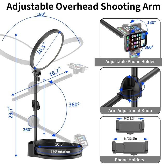 Alt view image 4 of 7 - Selfie Light Kit for Desk and Laptop,55W Dimmable Full Screen Ring Light,with Rotating Storage Box,Pen Holder Stand,Phone Holder and Controller (Ice Blue, 10.5)